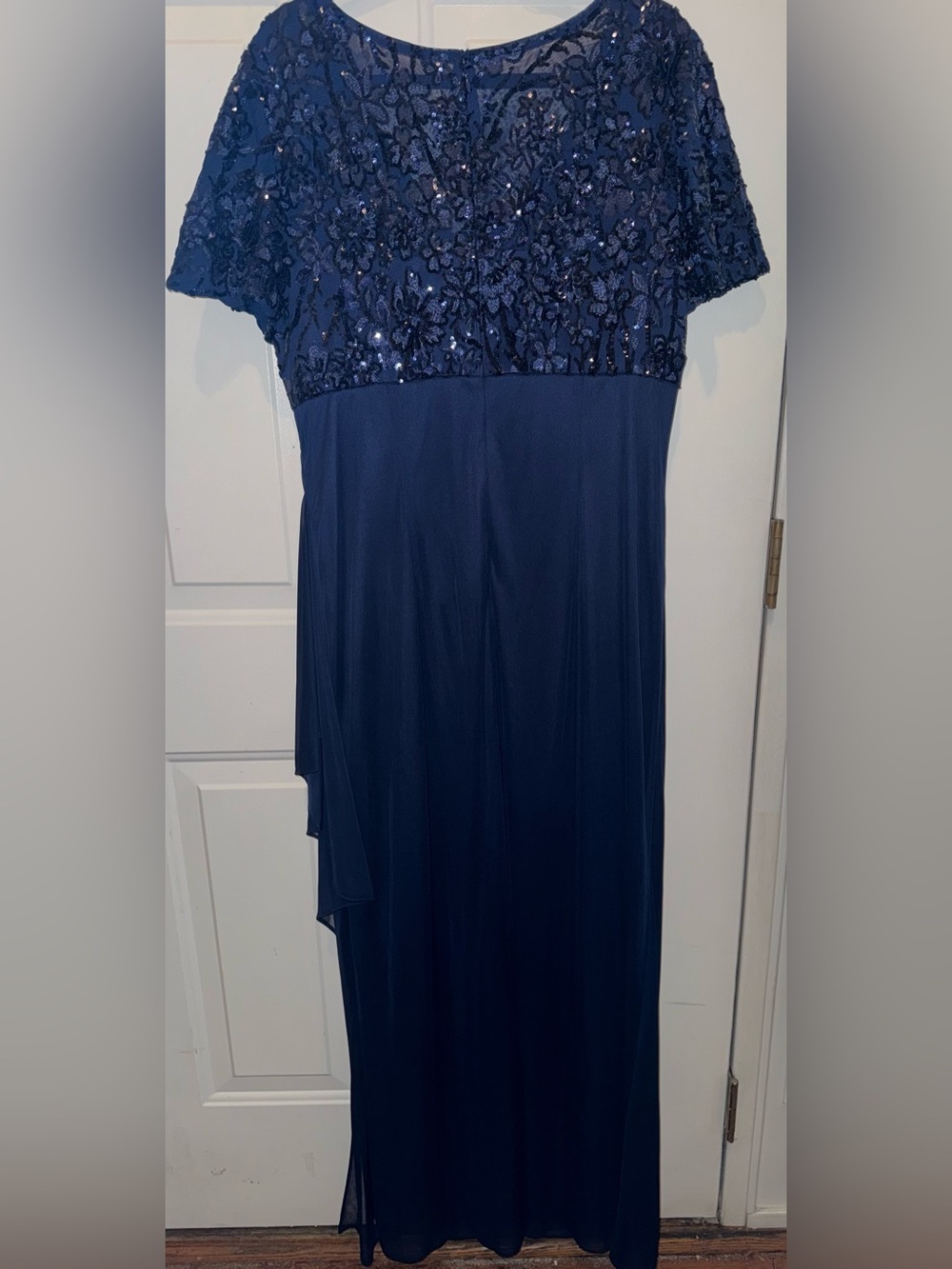 Alex Evenings Navy Blue Sequin Bodice Flutter Sleeve Long Gown Size 18 Formals - Picture 4 of 8